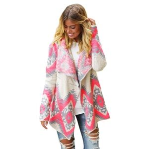 Kate Collection Thick Geometric Aztec Print Cardigan Sweater Neon Pink Tan Med